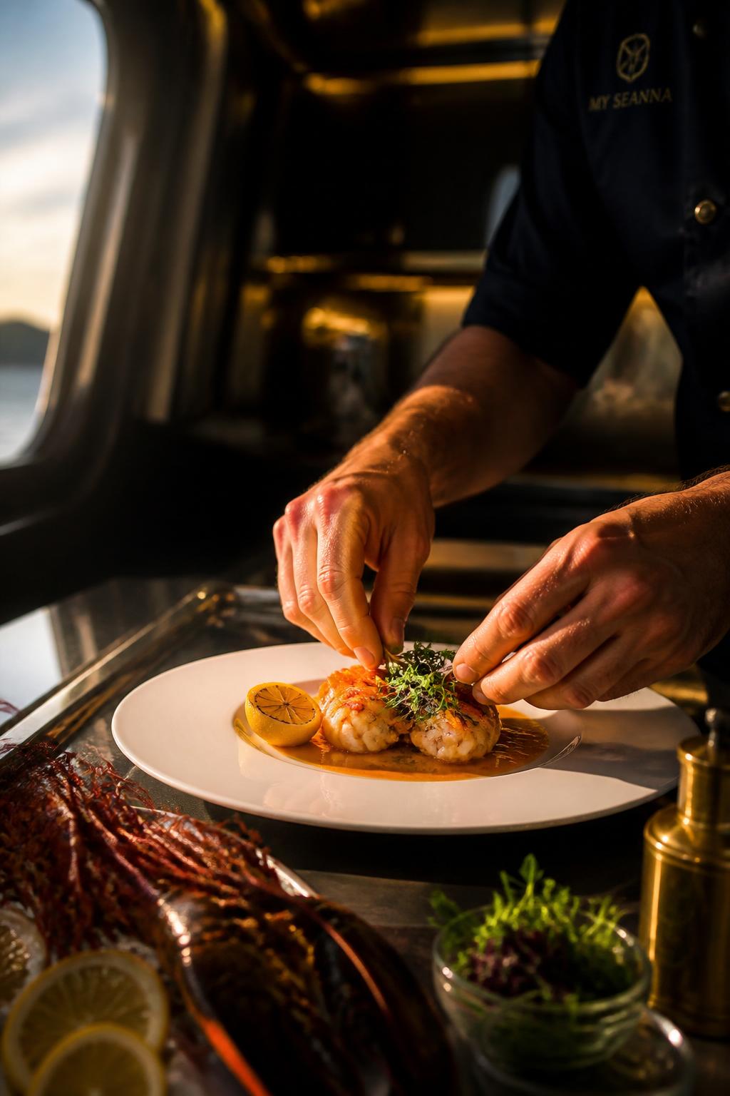 Yacht chef plating a freshly prepared dish in the galley