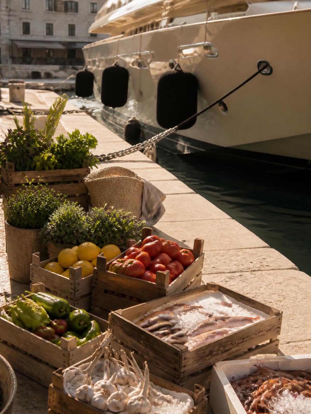 Crates of fresh produce and seafood on a sunlit quay beside a moored superyacht