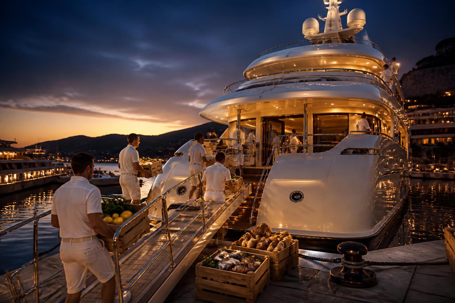 Superyacht at dusk being provisioned dockside